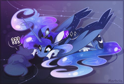 Size: 2844x1920 | Tagged: safe, artist:marbola, imported from derpibooru, princess luna, alicorn, cat, pony, crown, cute, digital art, female, hoof shoes, jewelry, looking at each other, lunabetes, mare, prone, question mark, regalia, solo