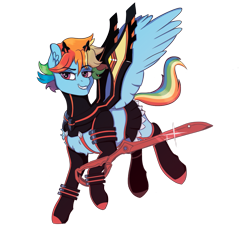 Size: 1167x1080 | Tagged: safe, artist:silverst, artist:tanatos, imported from derpibooru, rainbow dash, pegasus, pony, anime, clothes, cosplay, costume, female, kill la kill, magenta eyes, mare, multicolored hair, rainbow hair, rainbow tail, ryuko matoi, scissor blade, simple background, solo, transparent background, wings