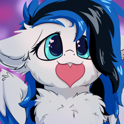 Size: 2048x2048 | Tagged: safe, artist:oblique, imported from derpibooru, oc, oc only, oc:black ice, pegasus, pony, :3, bust, chest fluff, cute, ear fluff, female, floppy ears, heart, heart eyes, mare, simple background, solo, wingding eyes