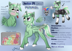 Size: 1408x1000 | Tagged: safe, artist:jesterpi, imported from derpibooru, oc, oc only, oc:jester pi, pegasus, pony, clothes, green, horn, maid, male, piercing, reference, reference sheet, small, thin mint, wings