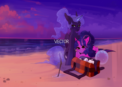 Size: 3508x2480 | Tagged: safe, artist:zlatavector, imported from derpibooru, princess luna, twilight sparkle, alicorn, original species, pony, ball, beach, canon, female, lesbian, magic, ocean, shipping, stick, summer, twilight sparkle (alicorn), twiluna