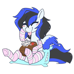 Size: 1500x1500 | Tagged: safe, artist:crimmharmony, imported from derpibooru, oc, oc only, oc:black ice, pegasus, pony, blushing, cake, clothes, cute, eyes closed, female, food, heart, mare, pillow, simple background, sitting, socks, solo, strawberry, striped socks, tongue out, transparent background