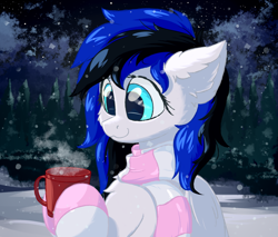 Size: 1200x1024 | Tagged: safe, artist:oblique, imported from derpibooru, oc, oc only, oc:black ice, pegasus, pony, bust, clothes, cup, cute, ear fluff, female, mare, scarf, simple background, snow, socks, solo, striped socks, winter