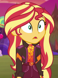 Size: 743x1003 | Tagged: safe, imported from derpibooru, screencap, sunset shimmer, equestria girls, equestria girls series, sunset's backstage pass!, spoiler:eqg series (season 2), cropped, female, geode of empathy, magical geodes, music festival outfit, shrunken pupils, solo