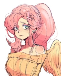 Size: 833x1024 | Tagged: dead source, safe, artist:_aung110900, artist:_aung_ae, artist:aung ae, artist:gksdmddo, imported from derpibooru, fluttershy, human, alternate hairstyle, breasts, bust, busty fluttershy, clothes, cute, female, humanized, ponytail, sad, shyabetes, simple background, solo, sweater, sweatershy, white background