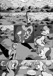 Size: 1024x1449 | Tagged: safe, artist:kingpincc, imported from derpibooru, pinkie pie, trixie, earth pony, pony, unicorn, scootertrix the abridged, scootertrix the abridged: the movie, boulder, cloud, comic, crying, dialogue, duo, duo female, female, implied discord, mare, monochrome, open mouth, part of a series, rock, sad, sun, surprised, sweat, sweatdrop, teleportation, wavy mouth