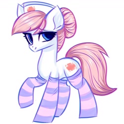 Size: 1300x1300 | Tagged: dead source, safe, artist:hydrargyrum, imported from derpibooru, nurse redheart, earth pony, pony, clothes, cute, female, heartabetes, mare, simple background, socks, solo, striped socks, thigh highs, white background