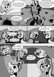 Size: 1024x1449 | Tagged: safe, artist:kingpincc, imported from derpibooru, part of a set, discord, pinkie pie, trixie, draconequus, earth pony, pony, unicorn, scootertrix the abridged, scootertrix the abridged: the movie, comic, fear, gritted teeth, monochrome, part of a series, scared, smiling