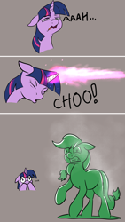 Size: 900x1596 | Tagged: safe, artist:jellymaggot, imported from derpibooru, applejack, twilight sparkle, earth pony, pony, unicorn, /mlp/, 4chan, accident, army men, blast, comic, drawthread, duo, eyes closed, female, floppy ears, gritted teeth, hooves, horn, inanimate tf, magic, magic beam, magic blast, magical mishap, mare, onomatopoeia, open mouth, raised hoof, sneezing, swearing, text, toy soldier, transformation, vulgar