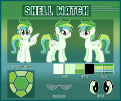 Size: 1920x1600 | Tagged: safe, imported from derpibooru, oc, oc only, oc:shell watch, pegasus, pony, cutie mark, glasses, green background, green eyes, reference sheet, simple background, solo