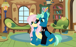Size: 3285x2057 | Tagged: safe, artist:melimoo2000, imported from derpibooru, fluttershy, sky stinger, pegasus, clothes, cutie mark, fluttershy's cottage, fluttersky, hoodie, looking at each other, shipping, sitting together, socks, wings