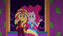 Size: 1920x1080 | Tagged: safe, imported from derpibooru, screencap, pinkie pie, sunset shimmer, equestria girls, equestria girls series, sunset's backstage pass!, spoiler:eqg series (season 2), clothes, dress, female, geode of empathy, geode of sugar bombs, looking at you, magical geodes, smiling, smiling at you, waving, waving at you