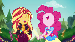 Size: 1920x1080 | Tagged: safe, imported from derpibooru, screencap, pinkie pie, sunset shimmer, equestria girls, equestria girls series, sunset's backstage pass!, spoiler:eqg series (season 2), cloud, female, geode of empathy, geode of sugar bombs, magical geodes, mawshot, nose in the air, open mouth, smiling, uvula