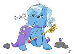 Size: 2026x1474 | Tagged: safe, artist:lucas_gaxiola, imported from derpibooru, trixie, pony, unicorn, cape, clothes, duo, female, frown, mare, raised hoof, rock, scepter, signature, solo, sonic the hedgehog (series), twilight scepter