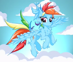 Size: 2423x2061 | Tagged: safe, artist:rurihal, imported from derpibooru, rainbow dash, pegasus, pony, chest fluff, ear fluff, feather, female, flying, hoof fluff, solo