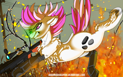 Size: 1920x1200 | Tagged: safe, artist:brainiac, imported from derpibooru, oc, oc only, oc:hired gun, pony, fallout equestria, fallout equestria: heroes, amputee, chest fluff, cyber legs, fanfic art, gun, prosthetic leg, prosthetic limb, prosthetics, solo, weapon