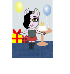 Size: 1367x1435 | Tagged: safe, artist:madamesaccharine, imported from derpibooru, oc, oc only, oc:puzzling insanity, anthro, earth pony, pony, balloon, birthday, birthday cake, boots, cake, candle, chubby, clothes, cute, eyeliner, eyeshadow, fangs, female, food, glasses, goth, industrial piercing, lip piercing, makeup, nose piercing, piercing, pouty lips, present, shoes, sidecut, skirt, sleeveless, smiling, solo