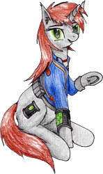 Size: 1514x2562 | Tagged: safe, artist:40kponyguy, derpibooru exclusive, edit, editor:ciaran, imported from derpibooru, oc, oc only, oc:littlepip, pony, unicorn, 2020 community collab, derpibooru community collaboration, fallout equestria, clothes, ear fluff, fanfic, fanfic art, female, grin, hooves, horn, jumpsuit, looking at you, mare, pipbuck, raised hoof, simple background, sitting, smiling, solo, traditional art, transparent background, underhoof, vault suit