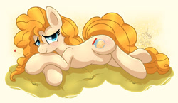 Size: 1550x900 | Tagged: safe, artist:joakaha, imported from derpibooru, pear butter, earth pony, pony, blushing, female, heart, looking at you, mare, prone, smiling, solo