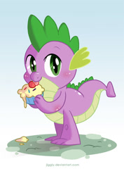 Size: 500x706 | Tagged: safe, artist:jiggly, imported from derpibooru, spike, dragon, baby, baby dragon, cupcake, cute, food, licking, looking at you, male, solo, spikabetes, tongue out, weapons-grade cute