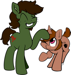 Size: 1055x1112 | Tagged: safe, artist:taurson, artist:yakoshi, derpibooru exclusive, imported from derpibooru, oc, oc only, oc:coffee, oc:green ganache, earth pony, unicorn, 2020 community collab, derpibooru community collaboration, collaboration, duo, eyes closed, head pat, male, pat, ruffled hair, simple background, stallion, transparent background