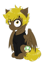 Size: 2039x3000 | Tagged: safe, artist:darkest-lunar-flower, imported from derpibooru, oc, oc only, oc:bricomaniaco, pegasus, pony, 2020 community collab, derpibooru community collaboration, clothes, ear piercing, earring, eye clipping through hair, hoodie, jewelry, looking at you, male, piercing, simple background, sitting, smiling, solo, stallion, transparent background