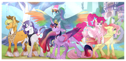 Size: 3636x1753 | Tagged: safe, artist:loladotz, imported from derpibooru, applejack, fluttershy, pinkie pie, rainbow dash, rarity, twilight sparkle, alicorn, classical unicorn, unicorn, the last problem, cloven hooves, colored wings, group shot, leonine tail, mane six, older, older applejack, older fluttershy, older mane six, older pinkie pie, older rainbow dash, older rarity, older twilight, redesign, school of friendship, twilight sparkle (alicorn), twilight's castle, unshorn fetlocks, wings