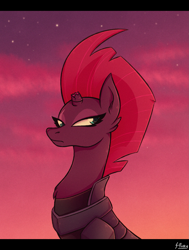 Size: 1315x1743 | Tagged: safe, artist:shinju-fury, imported from derpibooru, tempest shadow, pony, unicorn, armor, broken horn, bust, eye scar, female, frown, horn, letterboxing, lidded eyes, looking sideways, portrait, scar, signature, solo, twilight (astronomy)