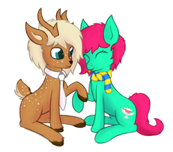 Size: 2313x2035 | Tagged: safe, artist:deerdraw, imported from derpibooru, oc, oc only, oc:deeraw, oc:minty split, deer, deer pony, earth pony, original species, pony, 2020 community collab, derpibooru community collaboration, clothes, cloven hooves, duo, hoof hold, necktie, scarf, simple background, sitting, smiling, transparent background