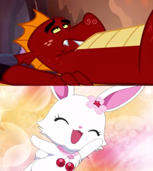 Size: 1012x1136 | Tagged: safe, artist:mega-poneo, edit, edited screencap, imported from derpibooru, screencap, garble, dragon, rabbit, gauntlet of fire, animal, comic, crossover, eyes closed, female, happy, jewelpet, male, meme, ruby (jewelpet), sanrio, screencap comic, sega, waving