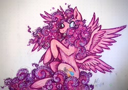 Size: 2174x1535 | Tagged: safe, artist:pyro-millie, imported from derpibooru, pinkie pie, alicorn, pony, seraph, seraphicorn, the ending of the end, alicornified, cutie mark, ethereal mane, female, grin, multiple wings, pinkiecorn, race swap, raised hoof, redesign, smiling, solo, spread wings, traditional art, wings, xk-class end-of-the-world scenario