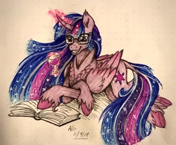 Size: 2048x1686 | Tagged: safe, artist:pyro-millie, imported from derpibooru, twilight sparkle, alicorn, pony, the last problem, alcohol, book, chest fluff, colored hooves, curved horn, cutie mark, ethereal mane, female, glass, glasses, glowing horn, grin, horn, magic, mare, princess twilight 2.0, prone, reading, redesign, smiling, solo, starry mane, telekinesis, traditional art, twilight sparkle (alicorn), unshorn fetlocks, wine