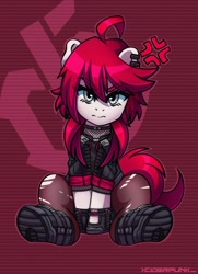 Size: 1024x1415 | Tagged: safe, artist:ciderpunk, imported from derpibooru, oc, oc:ciderpunk, angry, boots, clothes, cute, cyberpunk, ear piercing, earring, fishnets, gloves, jacket, jewelry, piercing, redhead, shoes, torn socks