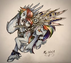 Size: 2048x1801 | Tagged: safe, artist:pyro-millie, imported from derpibooru, rainbow dash, pegasus, pony, alternate hairstyle, alternate timeline, apocalypse dash, badass, bracelet, crystal war timeline, cutie mark, ear piercing, earring, eye scar, feathered fetlocks, female, grin, harness, jewelry, knife, leg strap, mad max, mare, mouth hold, piercing, raised hoof, redesign, scar, smiling, solo, tack, traditional art