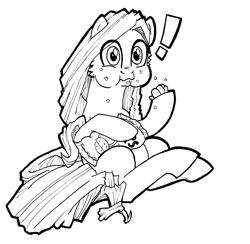 Size: 1231x1200 | Tagged: safe, artist:abronyaccount, imported from derpibooru, oc, oc only, oc:phrase turner, pony, 2020 community collab, derpibooru community collaboration, aweeg*, black and white, chips, crumbs, exclamation point, food, grayscale, ink drawing, long mane, long mane male, long tail, male, monochrome, ponysona, potato chips, simple background, solo, startled, surprised, traditional art, transparent background