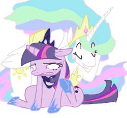 Size: 563x522 | Tagged: safe, artist:floppyneko, imported from derpibooru, princess celestia, twilight sparkle, alicorn, pony, accessory swap, awkward, cutie mark, dressup, duo, ethereal mane, eye clipping through hair, eyes closed, female, implied princess luna, jewelry, mare, regalia, request, simple background, sitting, white background