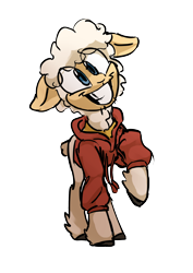 Size: 1296x1828 | Tagged: safe, artist:jimmyjamno1, imported from derpibooru, oc, oc only, oc:jimmyjam, sheep, 2020 community collab, derpibooru community collaboration, clothes, hoodie, simple background, smiling, solo, transparent background