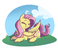 Size: 992x846 | Tagged: safe, alternate version, artist:modularpon, artist:themodpony, imported from derpibooru, fluttershy, pegasus, pony, cute, eyes closed, female, head turn, mare, outdoors, prone, shyabetes, smiling, solo, three quarter view, transparent background, turned head, wings