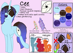 Size: 2430x1779 | Tagged: safe, artist:ceemakesstuff, deleted from derpibooru, imported from derpibooru, oc, oc only, oc:cee, pony, unicorn, cutie mark, eye clipping through hair, female, magic, no pupils, reference sheet, text