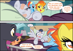 Size: 1002x706 | Tagged: safe, artist:nicoletta baldari, edit, idw, imported from derpibooru, rainbow dash, rumble, scootaloo, spitfire, thunderlane, pegasus, pony, fanfic:rainbow factory, comic, text edit