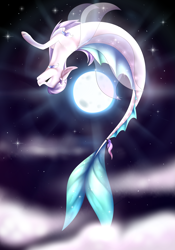 Size: 2049x2928 | Tagged: safe, artist:creativecocoacookie, imported from derpibooru, oc, oc only, merpony, eyes closed, female, flower, flower in hair, moon, night, ribbon, solo, stars