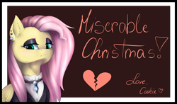 Size: 1280x753 | Tagged: safe, artist:creativecocoacookie, imported from derpibooru, fluttershy, pegasus, pony, abstract background, clothes, ear piercing, earring, eyeshadow, female, fluttergoth, frown, heartbreak, jewelry, lidded eyes, looking at you, makeup, mare, merry christmas, piercing, solo