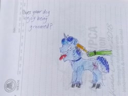 Size: 4032x3016 | Tagged: safe, artist:horsesplease, imported from derpibooru, party favor, oc, oc:anon, brushing, doggie favor, i didn't listen, lined paper, panting, traditional art