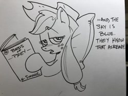 Size: 680x510 | Tagged: safe, artist:andypriceart, imported from derpibooru, applejack, earth pony, pony, birds of prey, black and white, comic (object), dc comics, female, gail simone, grayscale, mare, monochrome, pillow, reading