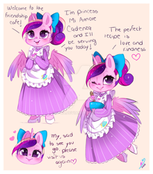 Size: 900x1025 | Tagged: safe, artist:ipun, imported from derpibooru, princess cadance, alicorn, anthro, unguligrade anthro, arm hooves, bow, bowl, cheek fluff, chibi, clothes, cute, cutedance, deviantart watermark, dialogue, dress, female, friendship cafe, hair bow, maid, maid cafe, mare, obtrusive watermark, one eye closed, ponytail, simple background, solo, teen princess cadance, watermark, wink