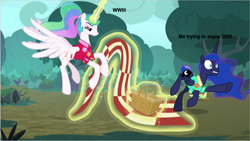 Size: 1254x706 | Tagged: safe, edit, edited screencap, imported from derpibooru, screencap, princess celestia, princess luna, alicorn, between dark and dawn, 2020, basket, celestia is not amused, clothes, hawaiian shirt, meme, picnic basket, shirt, tripping, unamused, world war iii