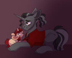 Size: 1960x1574 | Tagged: safe, artist:connorbal, artist:glowfangs, imported from derpibooru, king sombra, oc, oc only, oc:red velvet, pony, unicorn, clothes, female, filly, foal, magical gay spawn, male, offspring, oopsverse, parent:king sombra, parent:svengallop, parents:svenbra, prone, shirt, solo, stallion