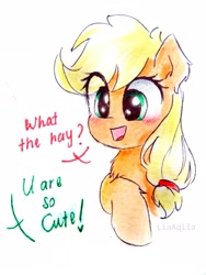 Size: 2205x2939 | Tagged: safe, artist:liaaqila, imported from derpibooru, part of a set, applejack, earth pony, pony, blushing, chest fluff, cute, dialogue, eye clipping through hair, female, jackabetes, mare, open mouth, simple background, solo, talking to viewer, traditional art, what the hay?