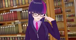 Size: 2048x1080 | Tagged: safe, artist:katsudon, imported from derpibooru, twilight sparkle, human, 3d, adjusting glasses, book, bookshelf, female, glasses, humanized, koikatsu, library, looking at you, necktie, one eye closed, pale, questionable source, smiling, smiling at you, sweater vest, twilight's professional glasses, wink