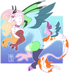 Size: 1024x1076 | Tagged: safe, artist:kittyisawolf, imported from derpibooru, oc, oc only, oc:desorde, oc:entropy, draconequus, hybrid, choker, draconequus oc, female, gradient mane, interspecies offspring, multiple wings, offspring, parent:discord, parent:princess celestia, parents:dislestia, solo, wings